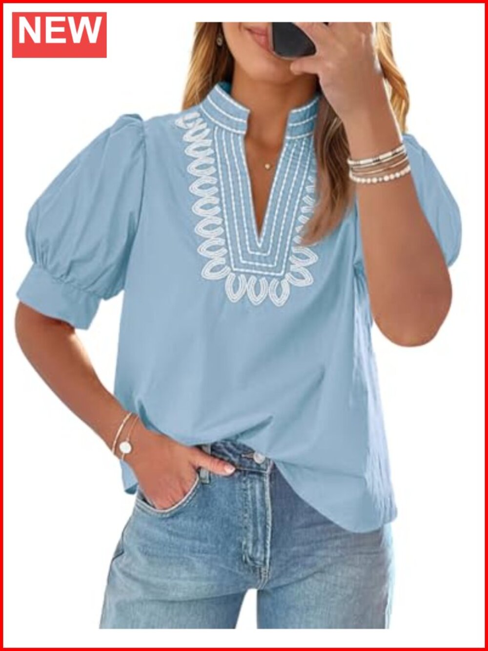 Womens Puff Short Sleeve Embroidered V-Neck Blouse Top